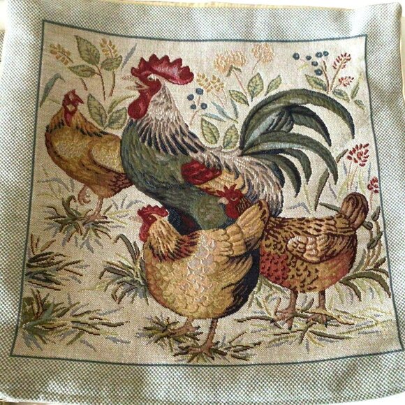 Vintage Jules Pansu Tapestry Pillow Covers Rooster Chicken Design (Set of 2) - Picture 1 of 13